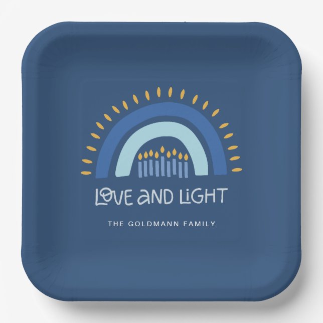 Simple Blue Rainbow Candles Love & Light Hanukkah Paper Plates (Front)