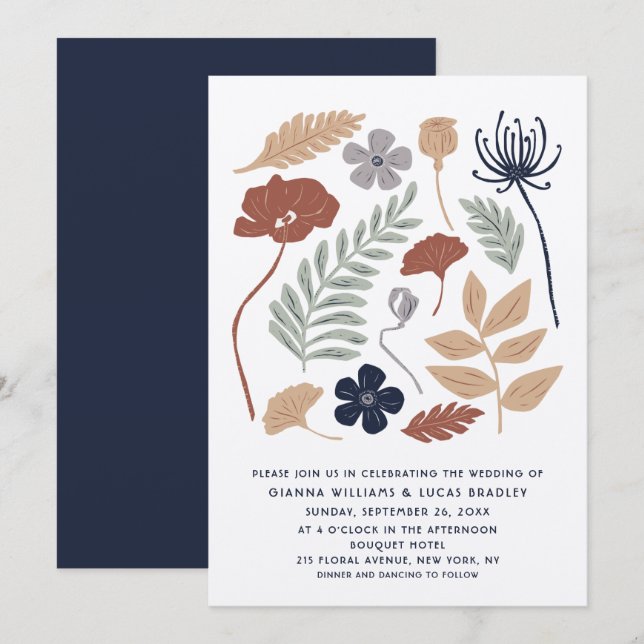 Simple Blue Redwood Flowers Floral Modern Wedding Invitation (Front/Back)
