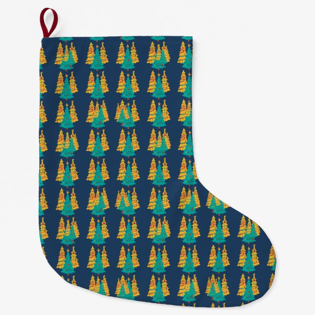 Simple Blue retro Christmas pine tree Pattern Large Christmas Stocking (Front)