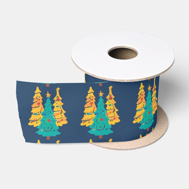 Simple Blue retro Christmas pine tree Pattern Satin Ribbon (Spool)