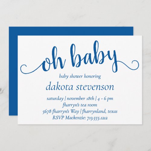 Simple Blue Script  Cerulean Oh Baby Shower Invitation