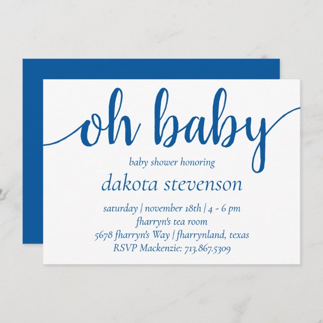 Simple Blue Script | Cerulean Oh Baby Shower Invitation (Front/Back)