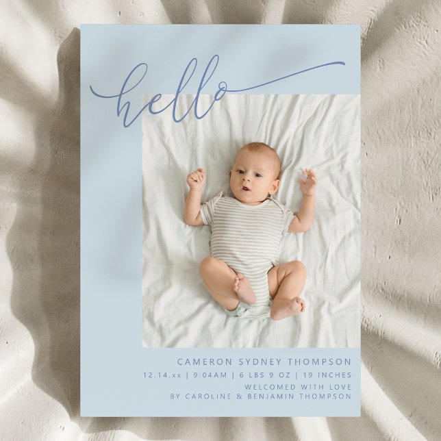 Simple Blue Script Cute Hello Baby Two Photo Birth Announcement (Creator Uploaded)