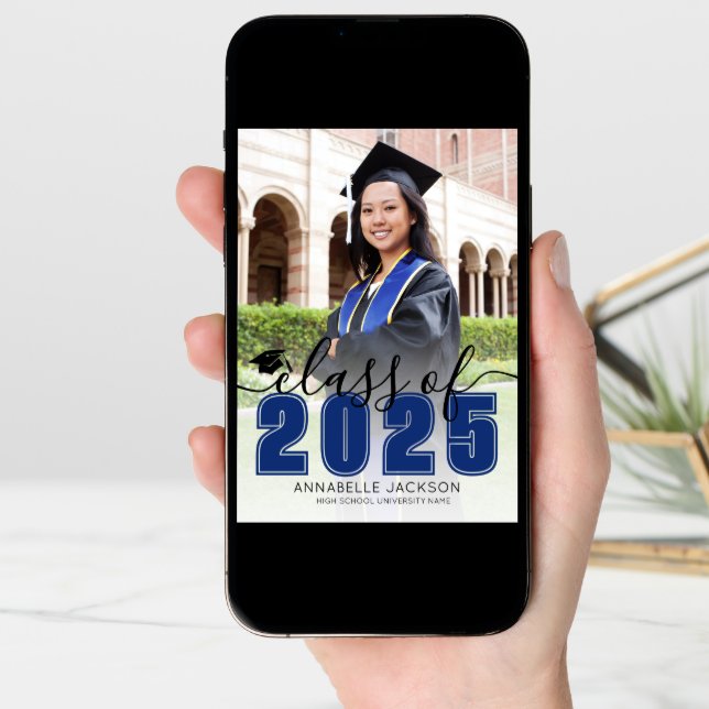 Simple Blue Script Graduate Photo Graduation Announcement (Front Digital)
