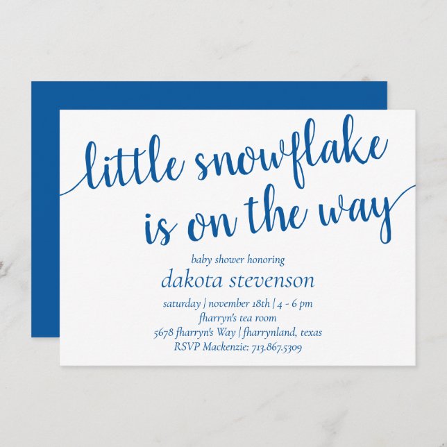 Simple Blue Script | Little Snowflake on the Way Invitation (Front/Back)