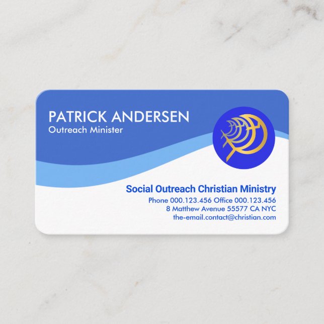 Simple Blue Sea Waves Ichthus Fish Business Card (Front)