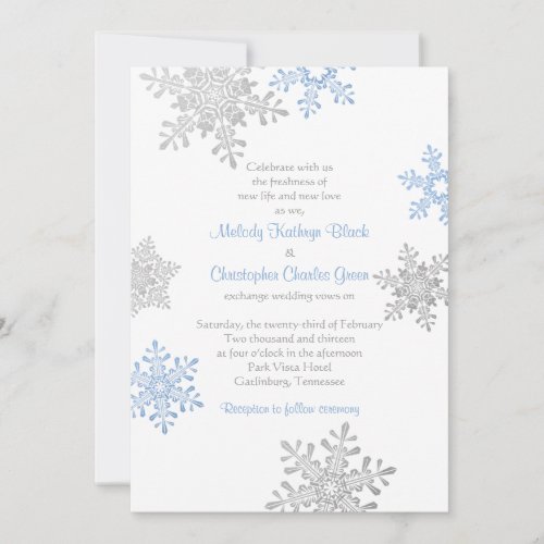 Simple Blue Silver Snowflake Winter Wedding Custom Invites