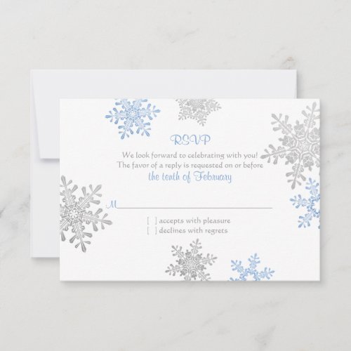 Simple Blue Silver Snowflake Winter Wedding RSVP