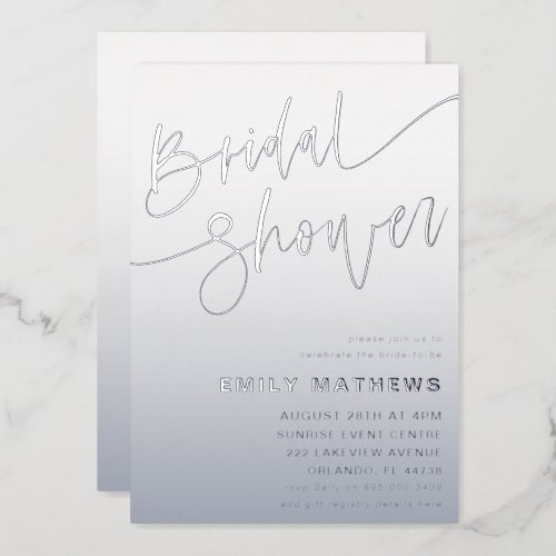 Simple Blue  SilverCalligraphy Bridal Showerl Foil Invitation