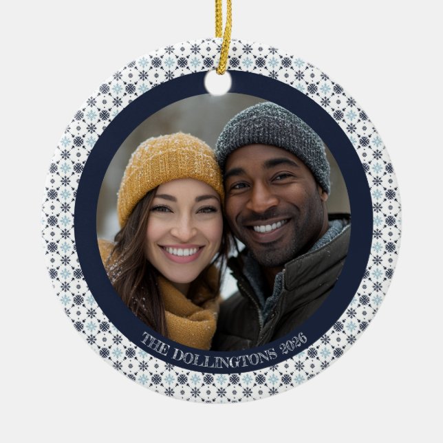 Simple Blue Snowflakes Christmas Photo Holiday Ceramic Ornament (Front)