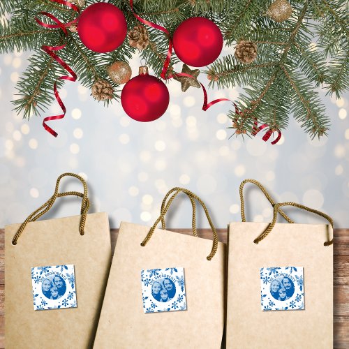 Simple Blue Snowflakes Holiday Circle Photo Self_inking Stamp