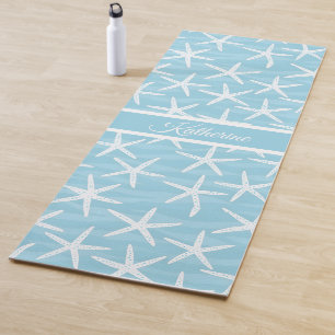 Simple Blue Starfish Pattern Coastal Script Name Yoga Mat
