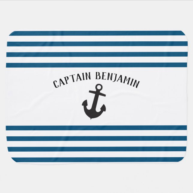 Simple Blue Stripes Anchor Nautical Boys Baby Blanket (Horizontal)