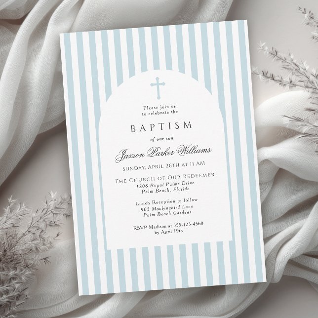 Simple Blue Stripes Baptism Invitation for Boy (Available in both printed and instant download digital formats.)