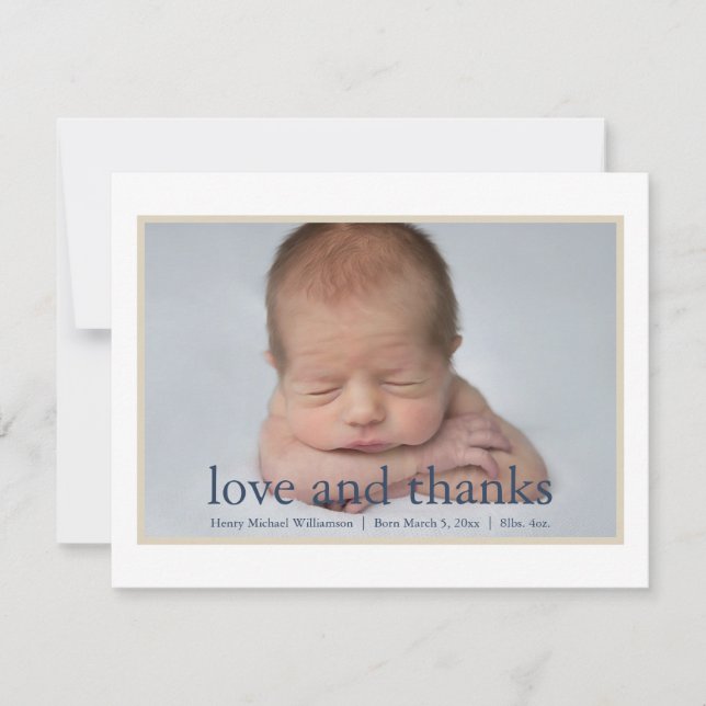 Simple Blue Tan Newborn Photo  Thank You Card (Front)