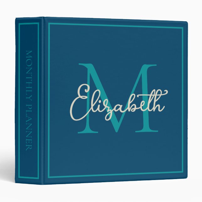Simple Blue Teal and Cream Monogram 3 Ring Binder (Front/Spine)
