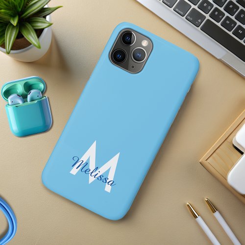  simple Blue teal modern Monogram girly Name  iPhone 11 Pro Case