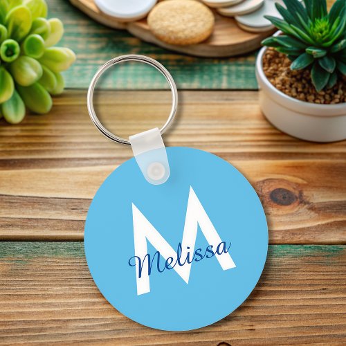 simple Blue teal modern Monogram girly Name  Keychain