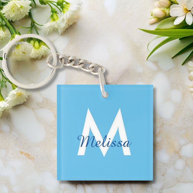 simple Blue teal modern Monogram girly Name  Keychain (Creator Uploaded)