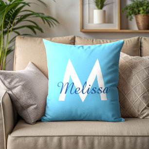 simple Blue teal modern Monogram girly Name  Throw Pillow