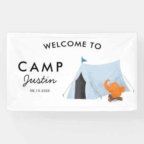 Simple Blue Tent Camping Birthday Party Welcome Banner