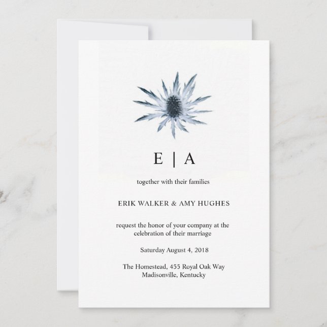 Simple Blue Thistle Floral Watercolor Wedding Invitation (Front)
