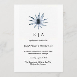 Simple Blue Thistle Floral Watercolor Wedding Invitation
