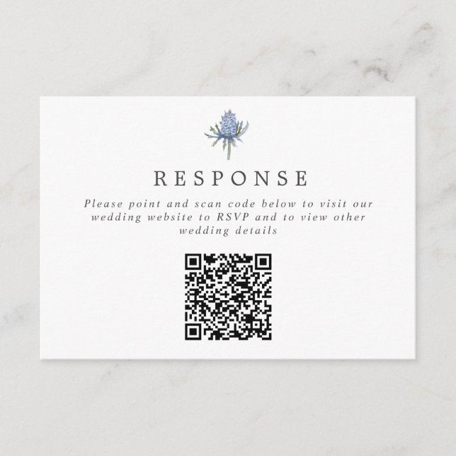 Simple Blue Thistle QR Code Wedding Website/RSVP Enclosure Card (Front)