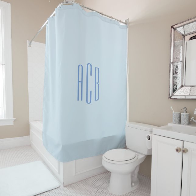 Simple Blue Three Letter Monogram Shower Curtain (In Situ)