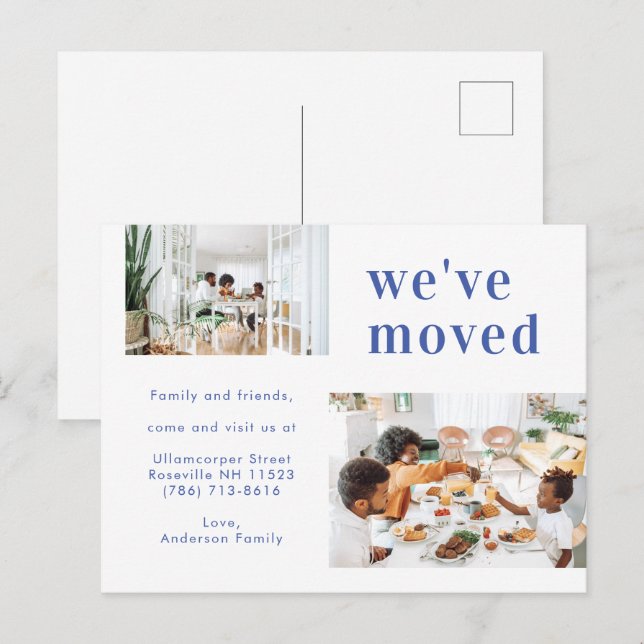  Simple Blue Two Family Photo Minimalist Moving Announcement Postcard (Front/Back)