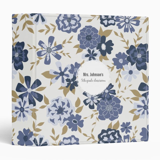 Simple Blue Viney Flowers Teacher 3 Ring Binder (Front/Spine)