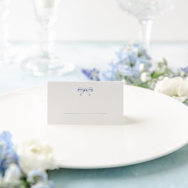 Simple Blue Vintage Bow Wedding Folded Place Card (Creator Uploaded)