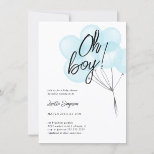 Simple Blue Watercolor Balloons Oh Boy Baby Shower Invitation