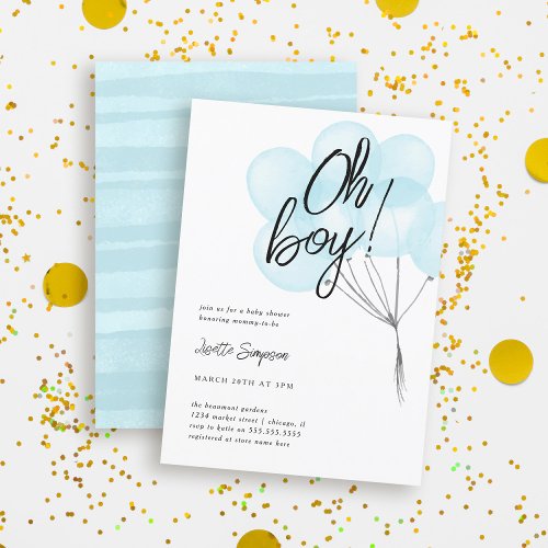 Simple Blue Watercolor Balloons Oh Boy Baby Shower Invitation