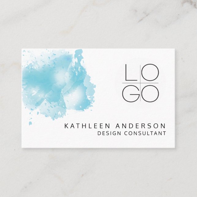 Simple Blue Watercolor Business Card with QR Code (Front)