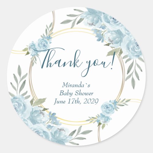 Simple Blue Watercolor Floral Baby Shower Classic Classic Round Sticker