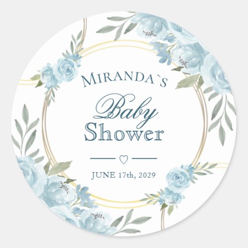 Simple Blue Watercolor Floral Baby Shower Classic Round Sticker