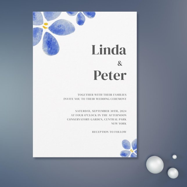 Simple Blue Watercolor Floral Wedding  Invitation (Simple Blue Watercolor Floral Wedding Invitation)