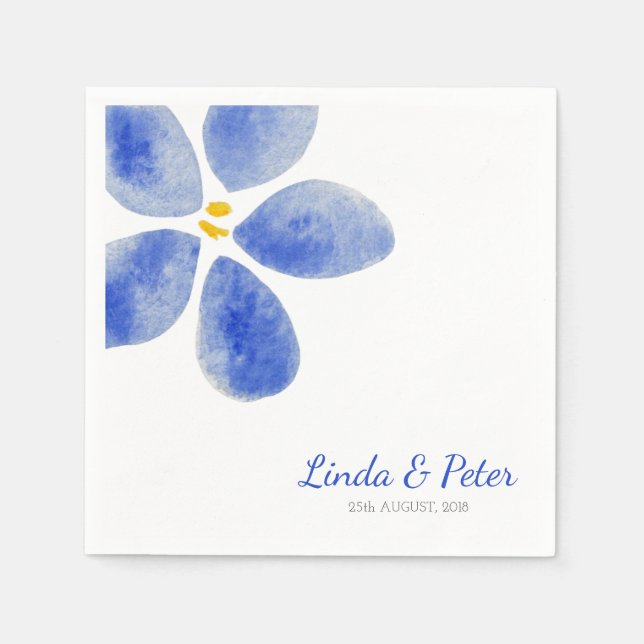 Simple Blue Watercolor Flower Wedding Paper Napkins (Front)