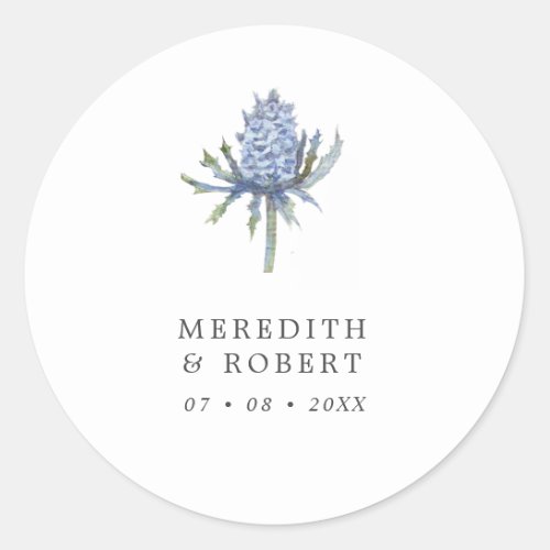 Simple Blue Watercolor Thistle Wedding Classic Round Sticker