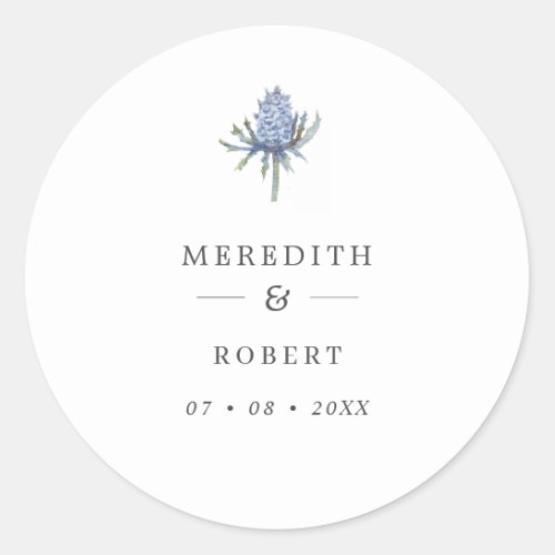 Simple Blue Watercolor Thistle Wedding Names Classic Round Sticker