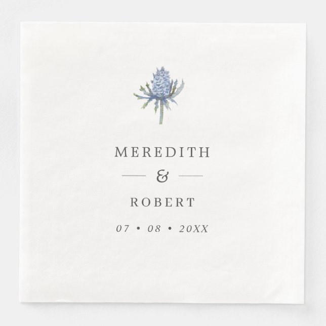 Simple Blue Watercolor Thistle Wedding Names Paper Dinner Napkins (Front)