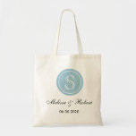 Simple Blue Wedding Monogram Tote Bag<br><div class="desc">A classic personalized wedding favor tote bag with custom monogram highlighted on a blue dot.Personalize  with bride and groom name and wedding day to give a memorable gift for bridesmaids and your wedding  guests.</div>