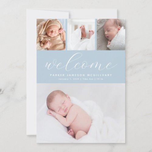 Simple Blue Welcome Photo Collage Baby Boy Birth A Announcement