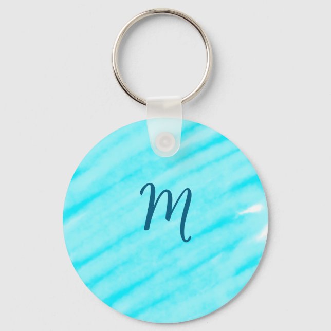 simple blue whi watercolor lines add your monogram keychain (Front)
