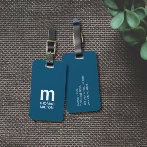 Simple Blue White Bold Monogram Luggage Tag