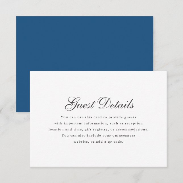 Simple Blue White Calligraphy Quinceanera Details RSVP Card (Front/Back)