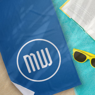 Simple Blue White Circle Monogram Beach Towel