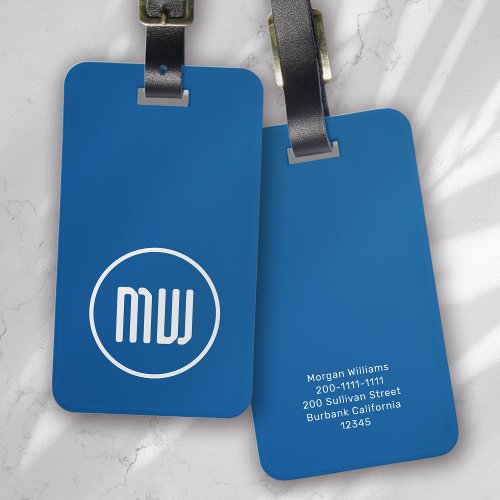 Simple Blue White Circle Monogram Luggage Tag