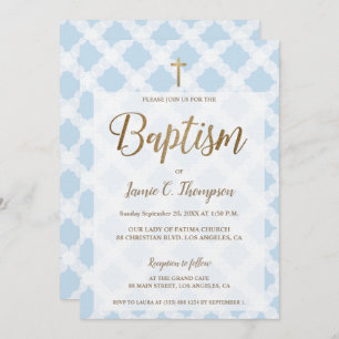 Simple Blue White Circles Gold Modern Baptism Invitation